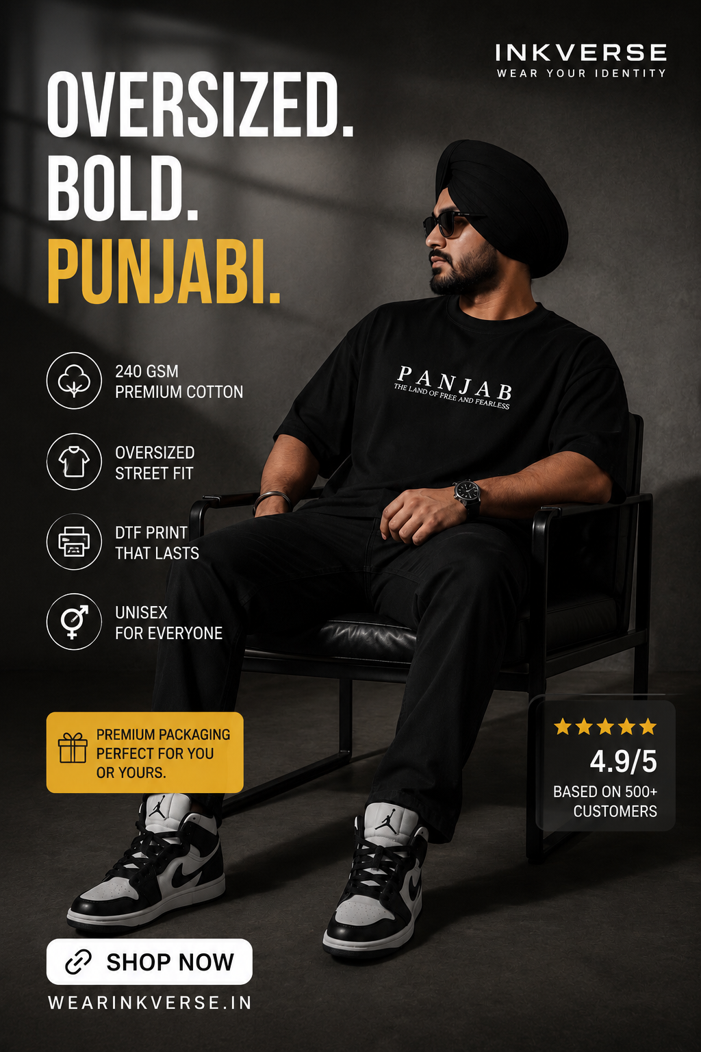 INKVERSE PANJAB Oversized T-Shirt – Black | 240 GSM Premium Terry Cotton ⭐